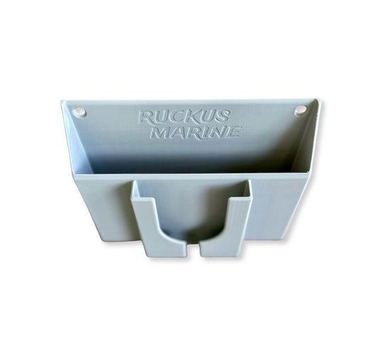 Close up of Ruckus Marine's skiff storage solution named the Console Caddy
