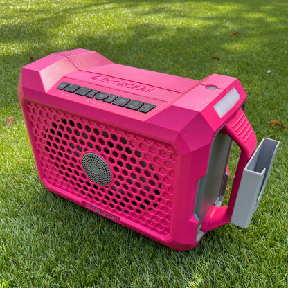 Angled view of Pink ECOXGEAR Defender with phone holder accessory installed from Ruckus Marine.