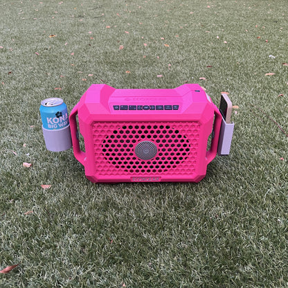 Pink ECOXGEAR Defender speaker with phone holder and 12oz can holder from Ruckus Marine installed on side handles