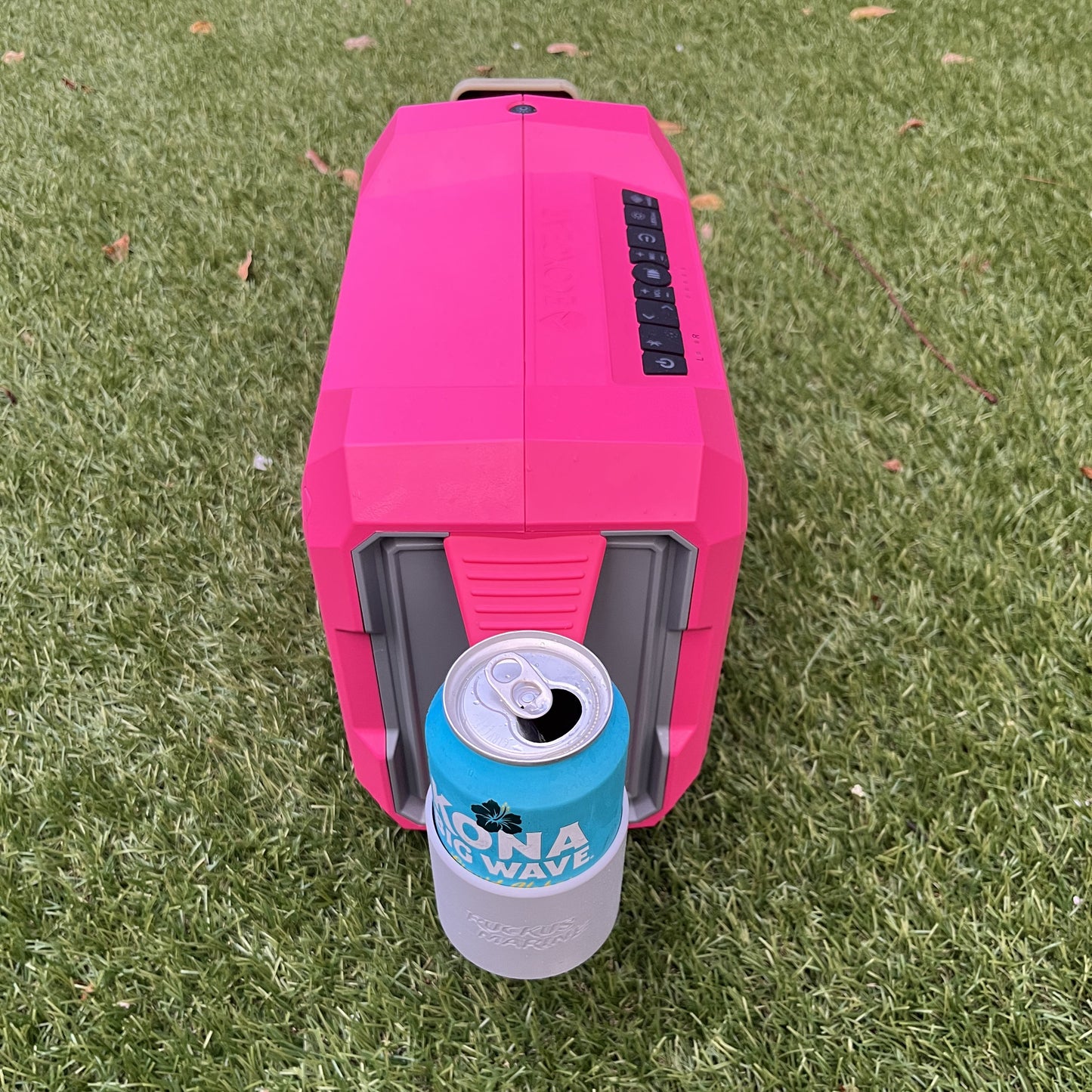 12oz can holder attachment from Ruckus Marine shown on pink ECOXGEAR Defender 