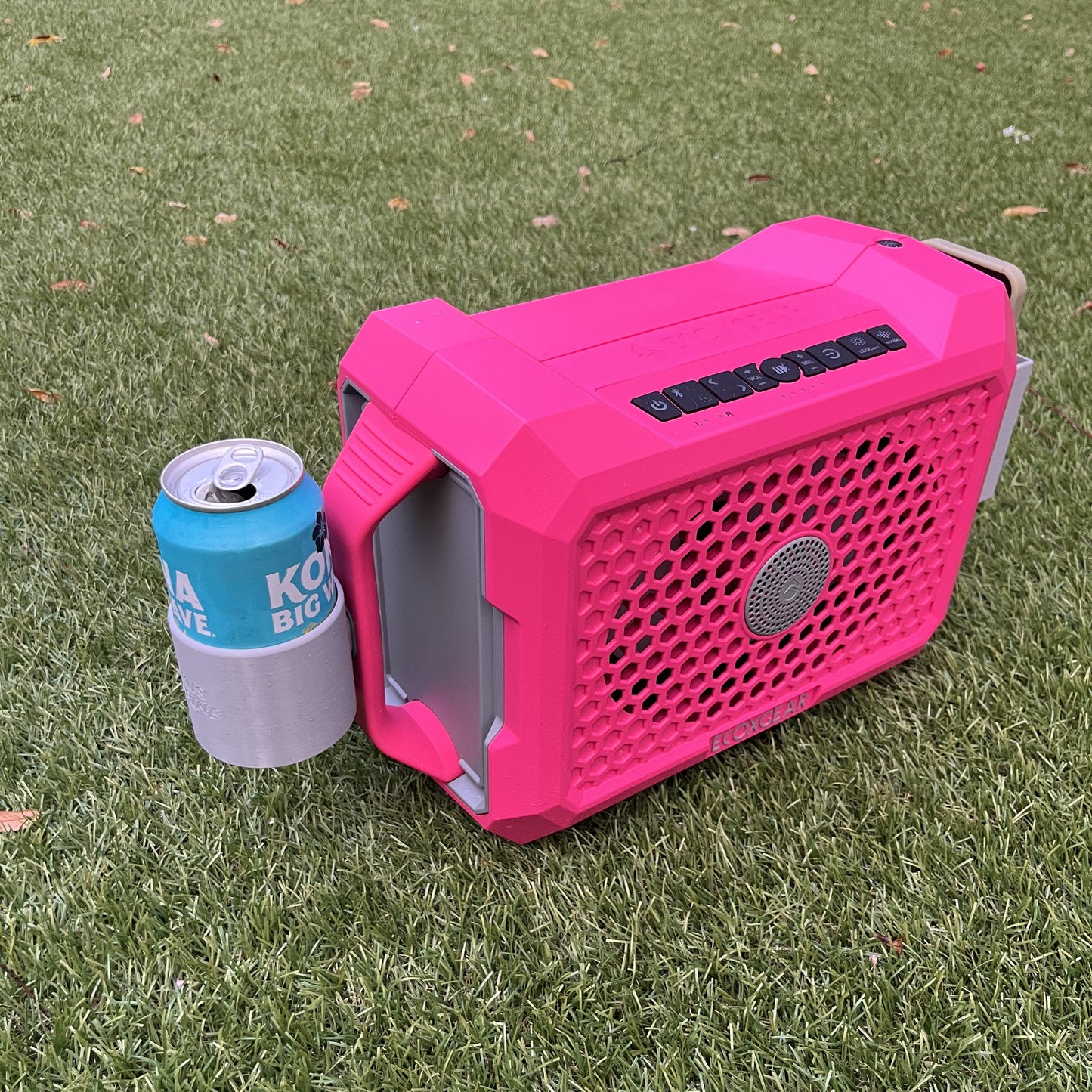 Ruckus Marine 12oz can holder attachment shown on pink ECOXGEAR Defender on grass