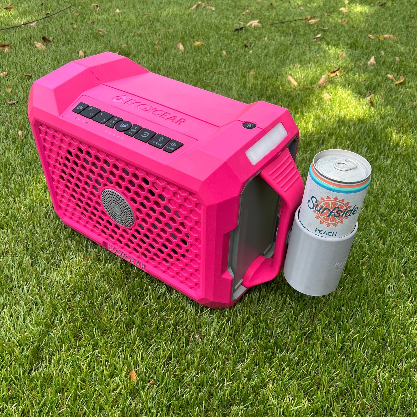 Slim can holder attachment for ECOXGEAR Defender speakers from Ruckus Marine, shown in gray