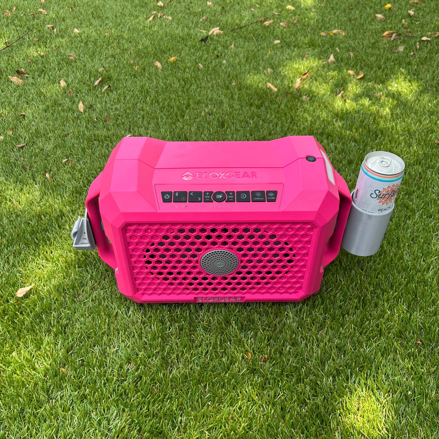 Slim can holder attachment from Ruckus Marine on a pink ECOXGEAR Defender speaker