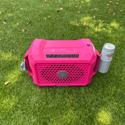 Slim can holder attachment from Ruckus Marine on a pink ECOXGEAR Defender speaker