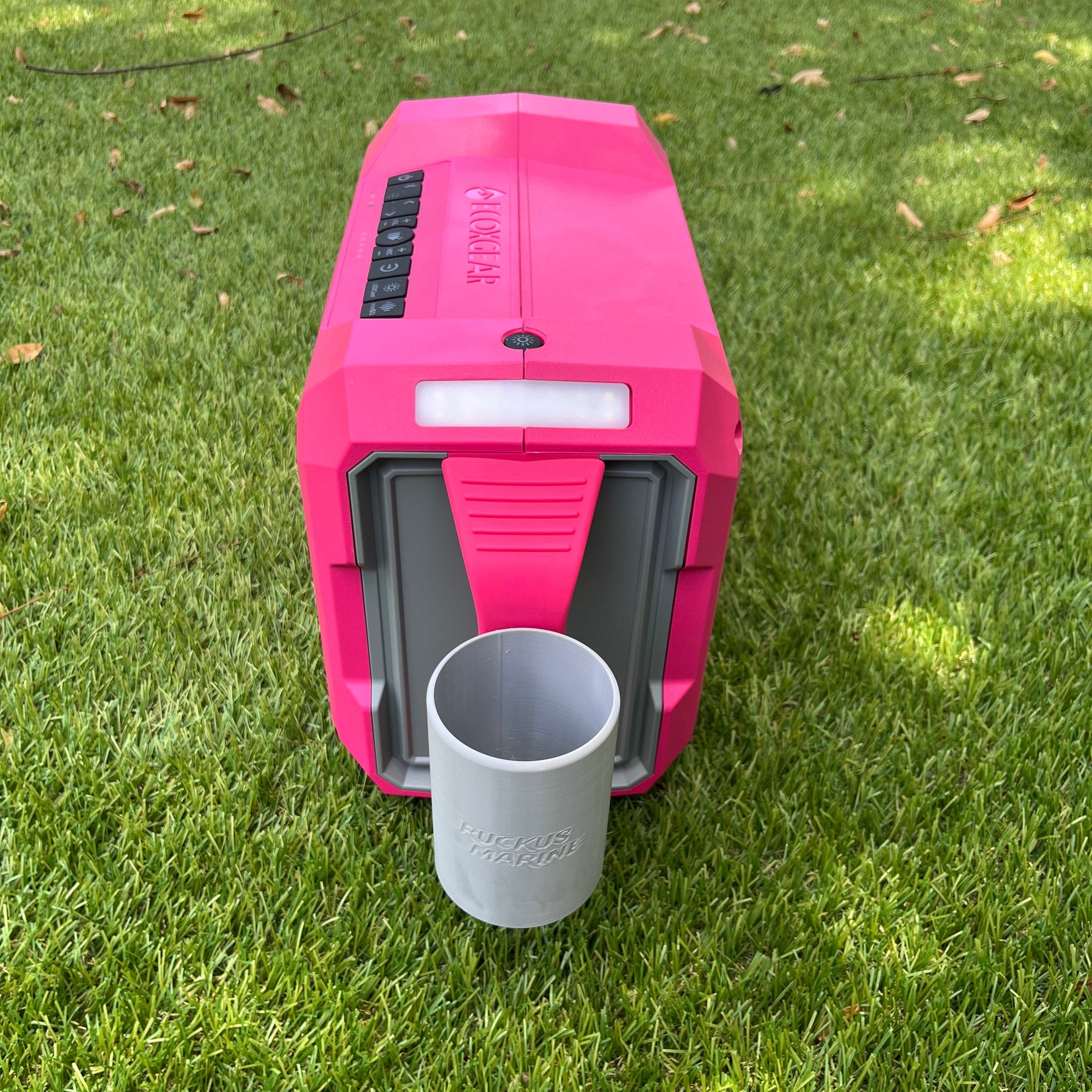 ECOXGEAR slim can holder accessory from Ruckus Marine, shown empty from side view
