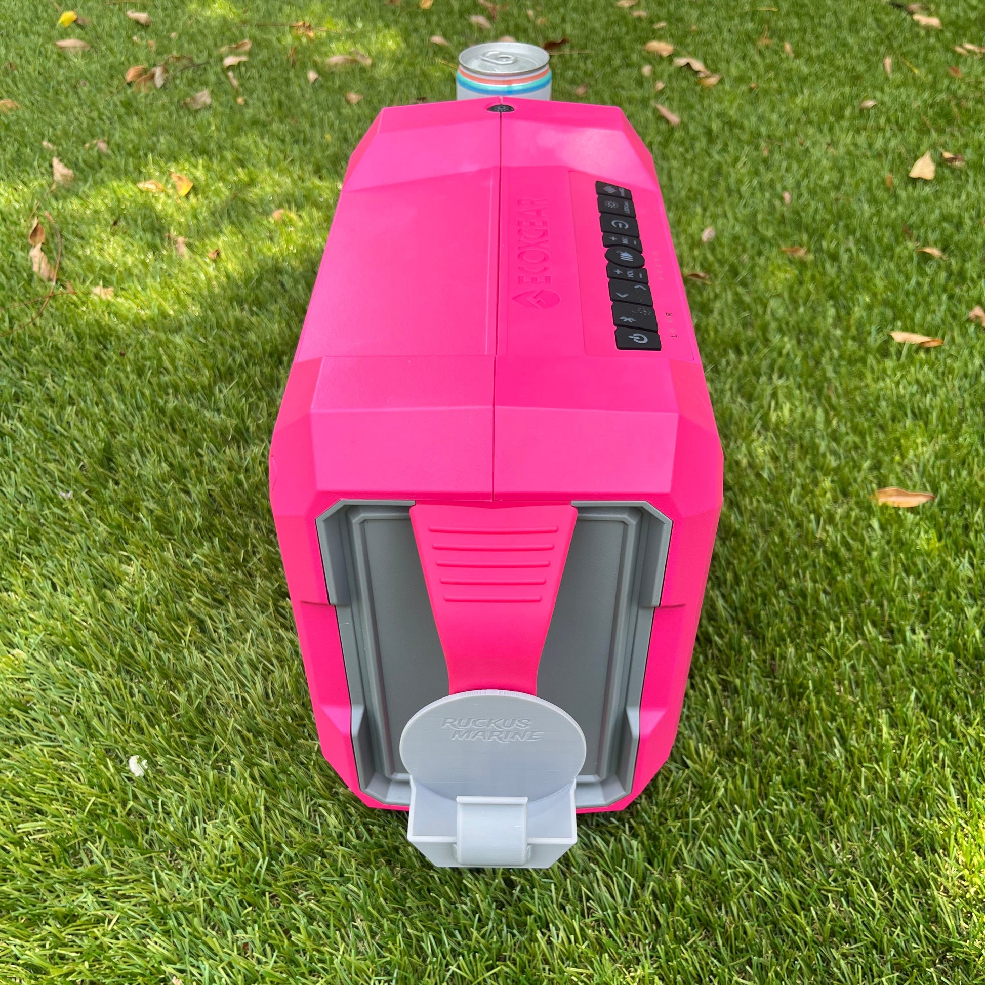 ECOXGEAR Defender speaker accessory, Zyn dip can holder from Ruckus Marine, side view empty