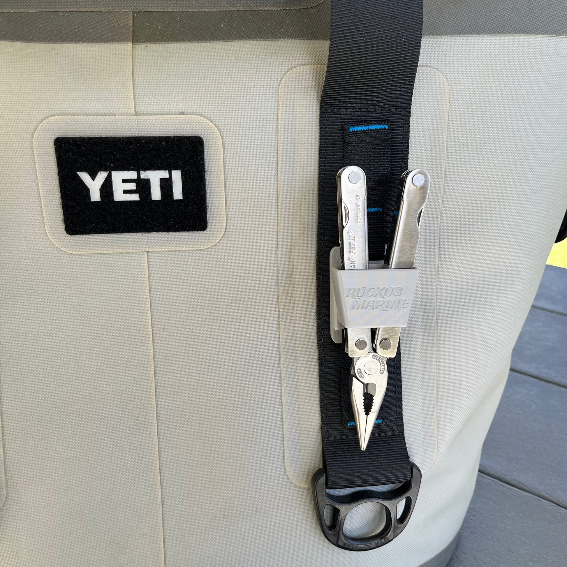 Pliers holder for Yeti soft cooler in gray