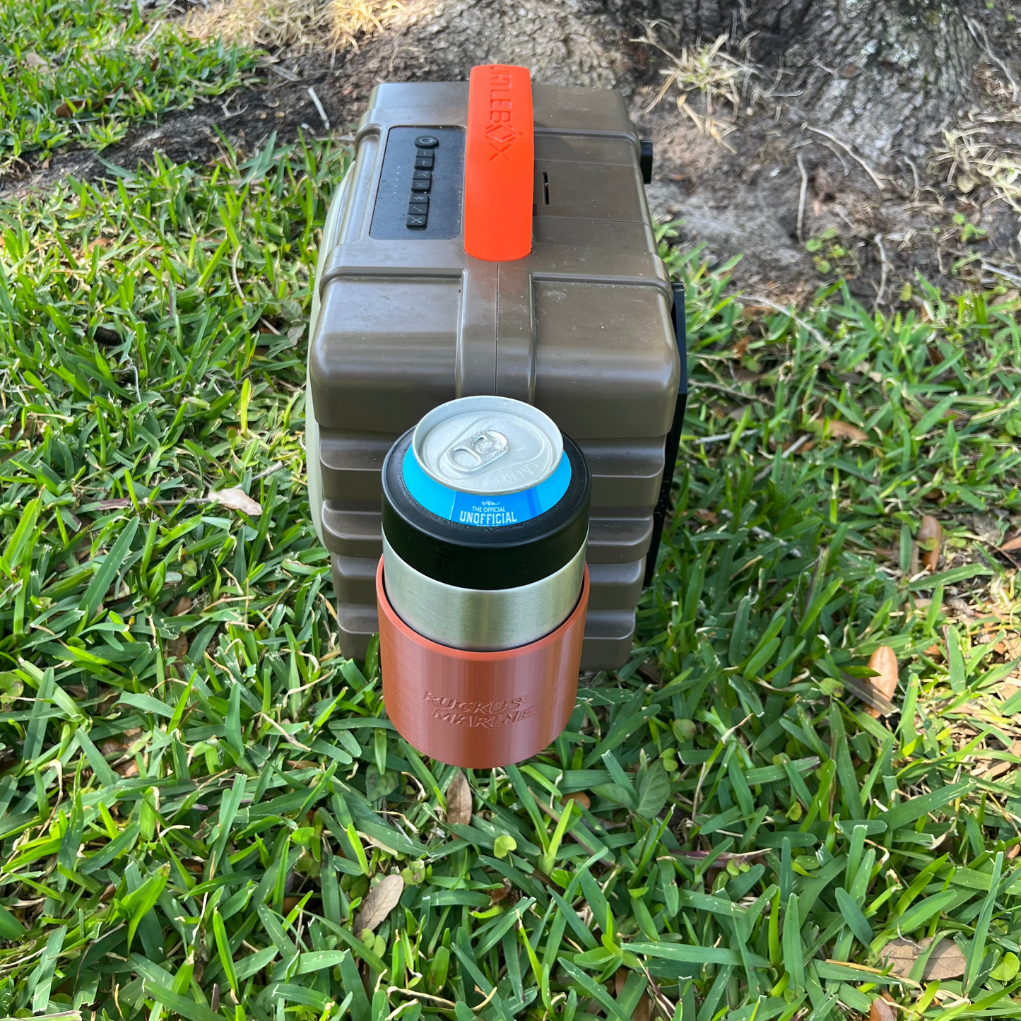Side view of the Ruckus Marine Yeti Colster Holder for Turtlebox Speakers shown in brown.