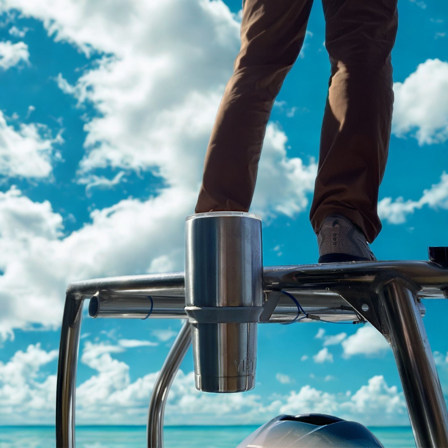 Poling Platform Rambler Ring Cupholder from Ruckus Marine on a skiff in the Florida Keys