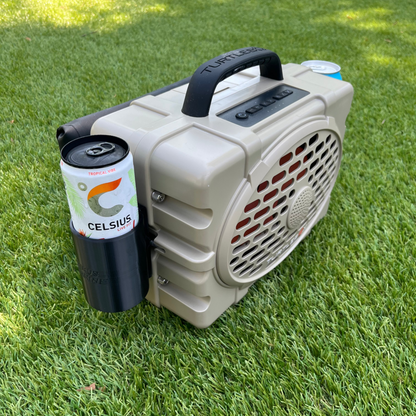 Black slim can holder for Turtlebox Gen 3 speaker shown in black with a Celcius energy drink.