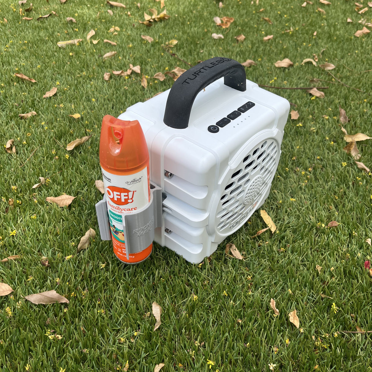 Spray can holder for the Turtlebox Cub shown in gray