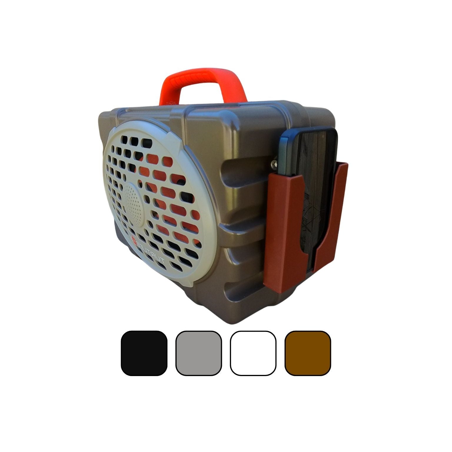 Ruckus Marine Phone Holder for Turtlebox Speaker shown in brown with 4 available color swatches